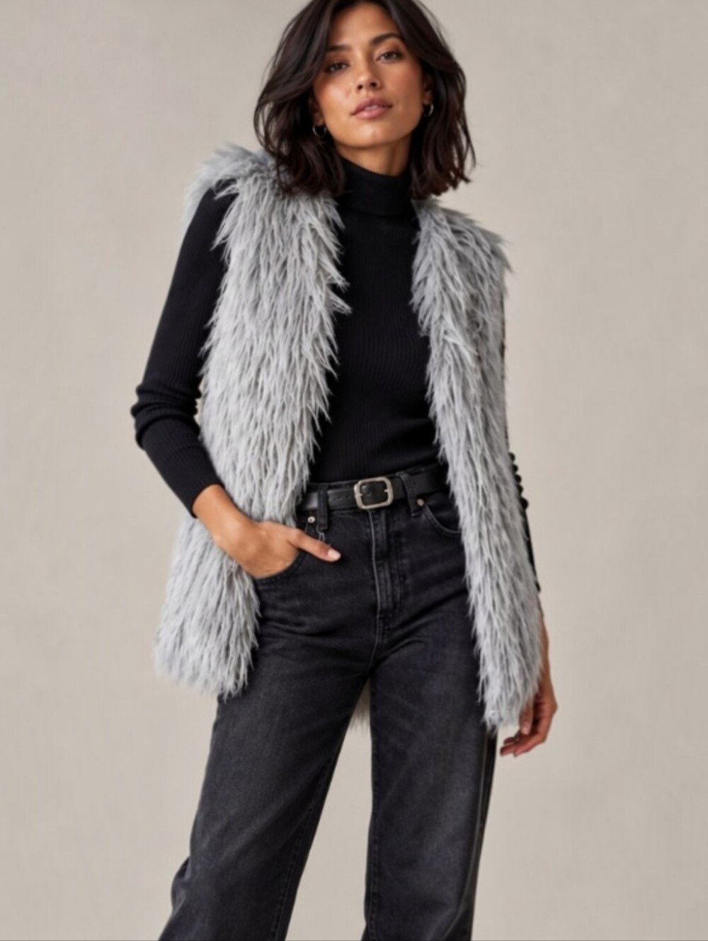 LANSHIFEI Silver Gray Faux Fur Long Vest Large